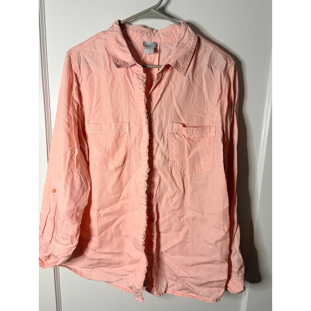 Chico's Pink Tencel Lyocell Frayed Edge Button Down Shirt Size 3 XL 16/18